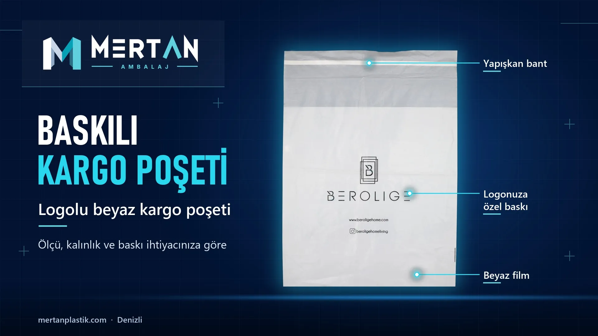 Berolige için üretilen logolu beyaz kargo poşeti, Mertan Ambalaj