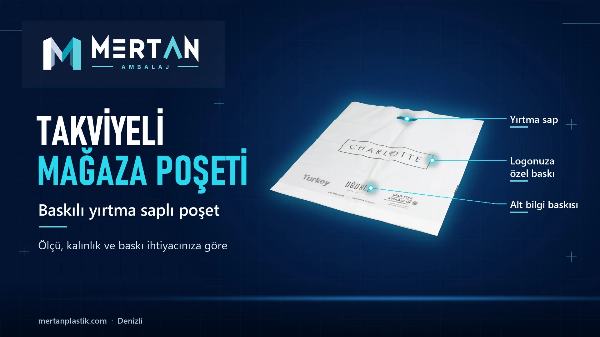 Charlotte için üretilen logolu beyaz mağaza poşeti, Mertan Ambalaj