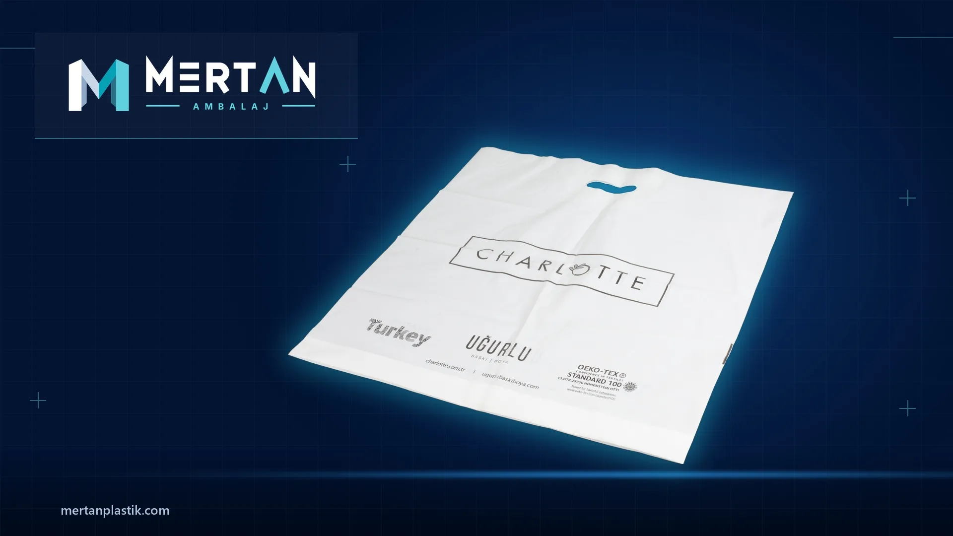 كيس تسوق أبيض مطبوع بالشعار مصنع لصالح Charlotte بواسطة Mertan للتغليف