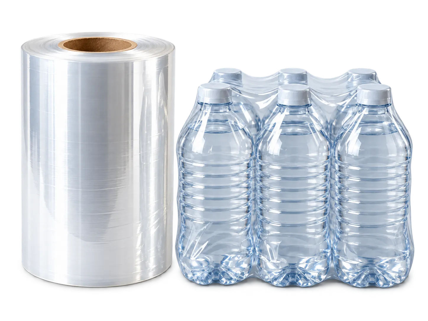 Şeffaf shrink film rulosu ve shrink filmle sarılmış altılı su şişesi paketi