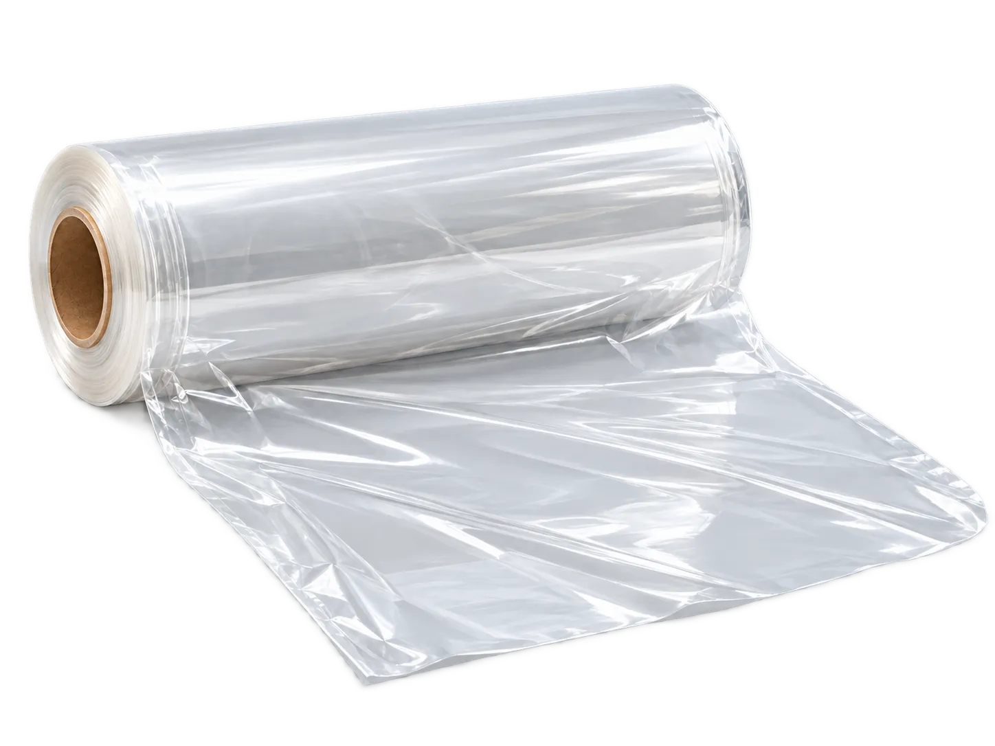 Ucu düz bir yüzeye açılmış geniş şeffaf yaprak shrink film rulosu
