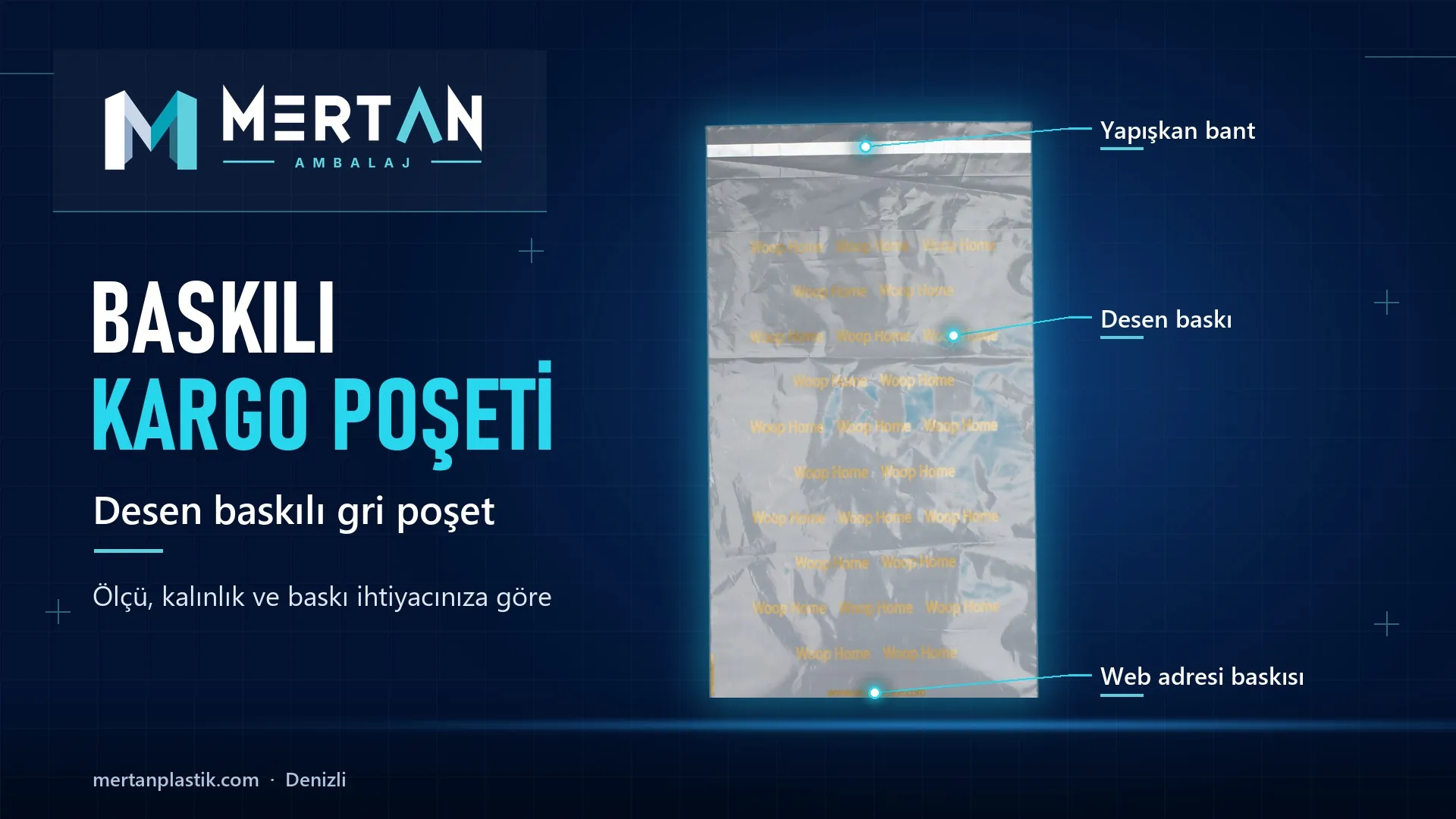 Woop Home için üretilen desen baskılı gri kargo poşeti, Mertan Ambalaj