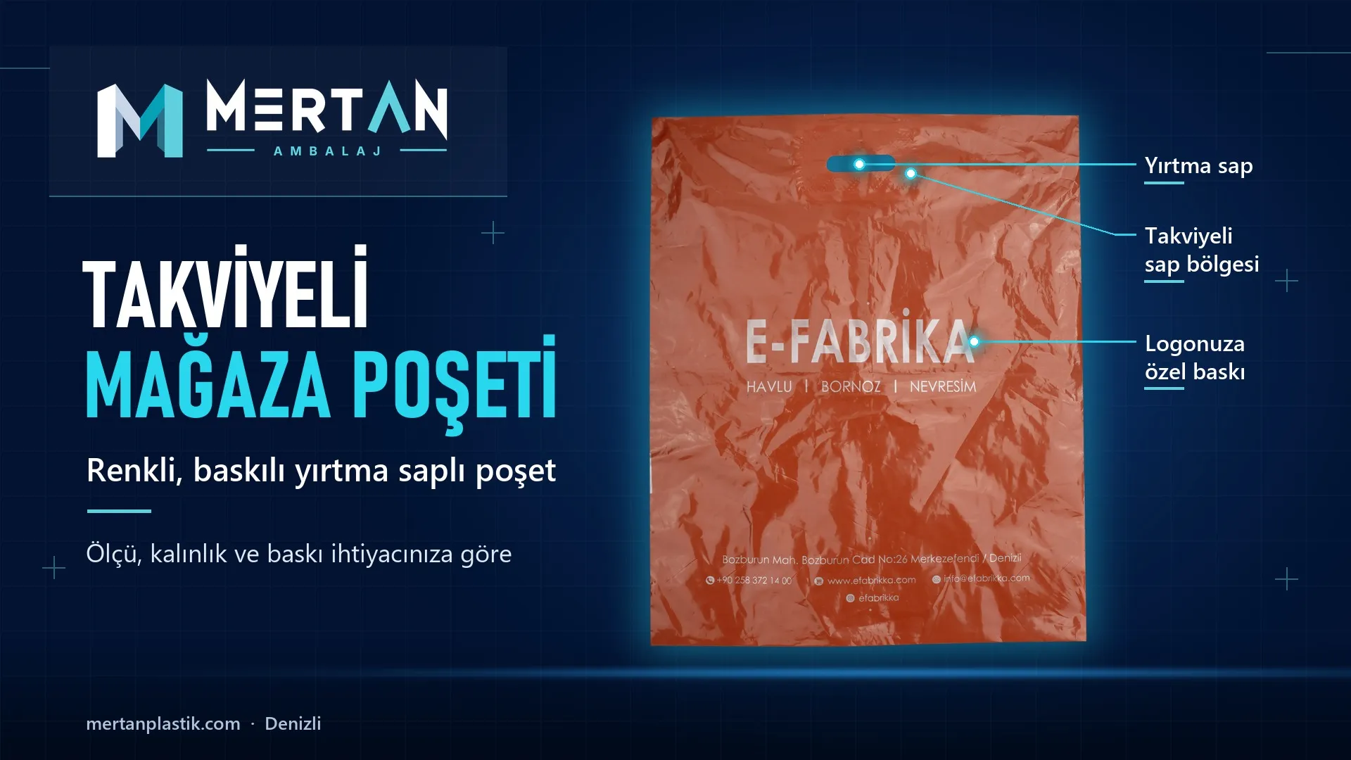 E-Fabrika için üretilen turuncu, logolu mağaza poşeti, Mertan Ambalaj