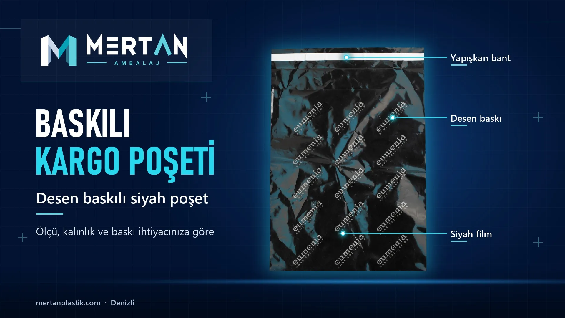 eumenia için üretilen desen baskılı siyah kargo poşeti, Mertan Ambalaj
