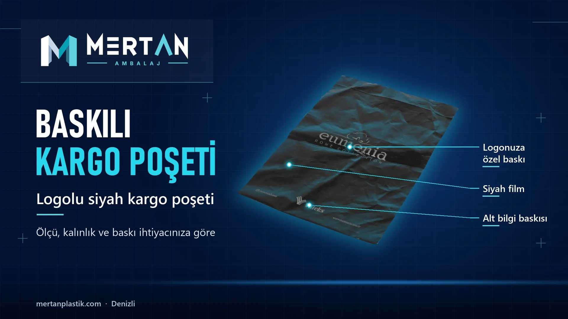 eumenia için üretilen logolu siyah kargo poşeti, Mertan Ambalaj