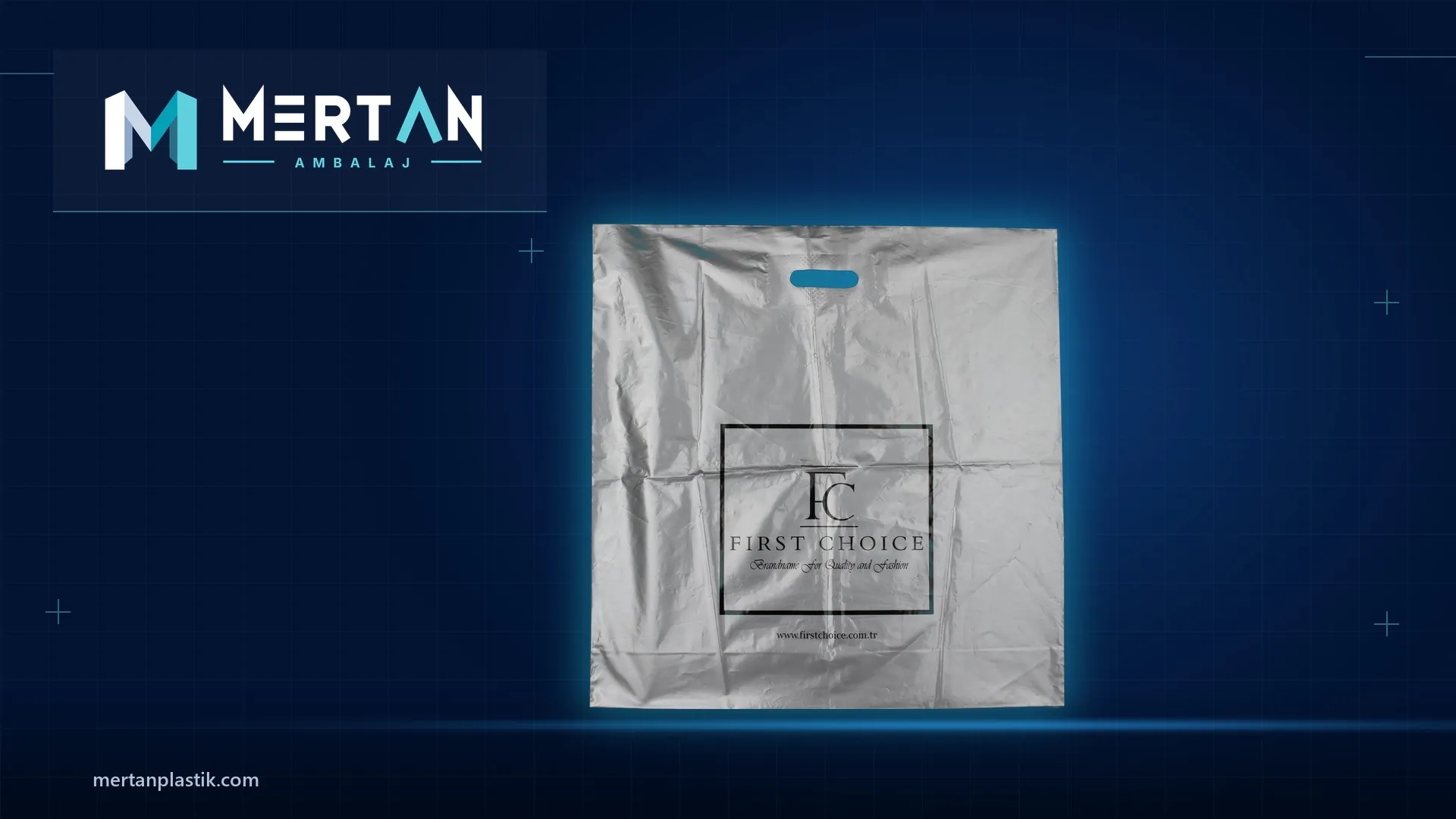 كيس تسوق فضي مطبوع بالشعار مصنع لصالح First Choice بواسطة Mertan للتغليف