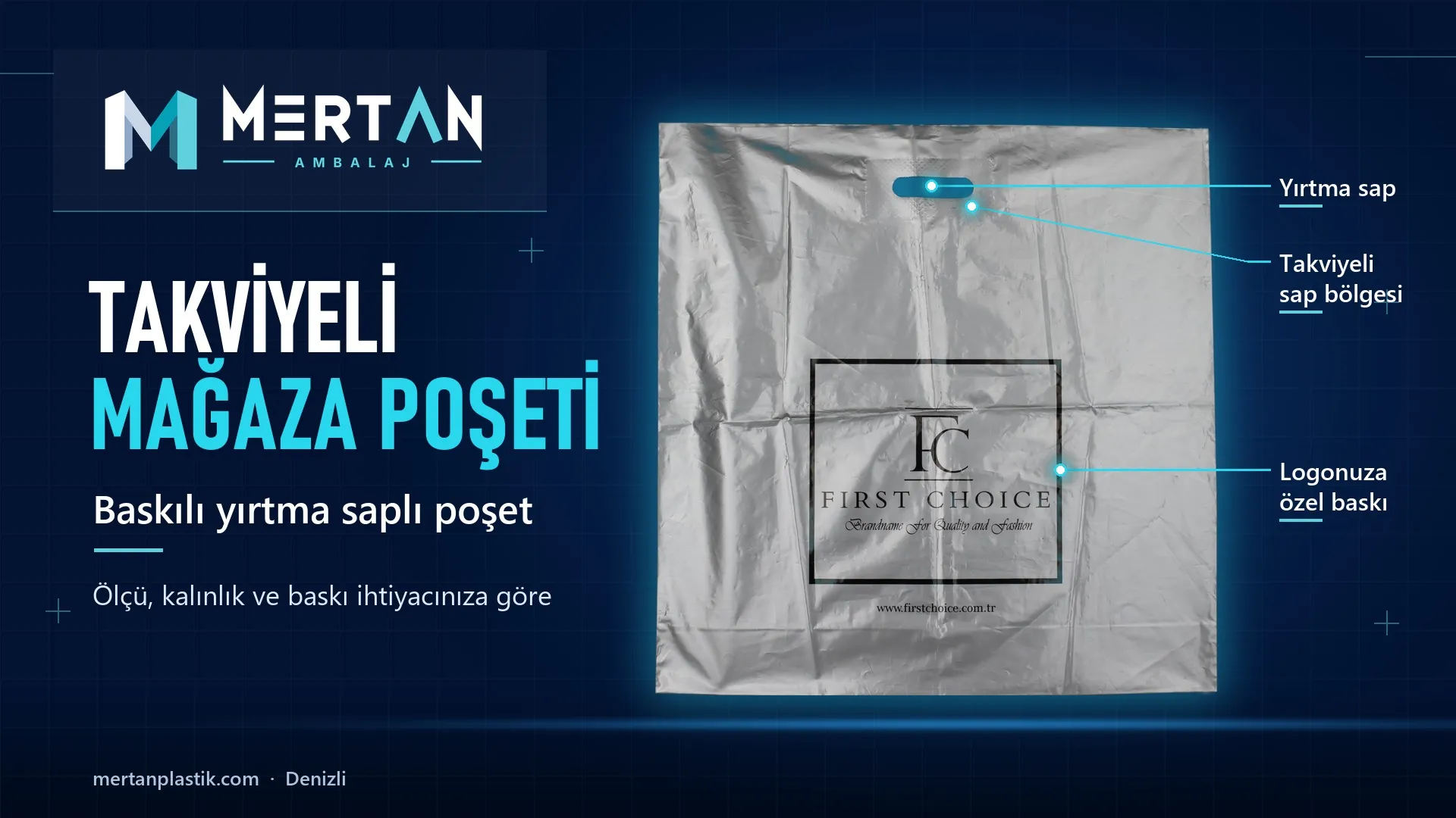 First Choice için üretilen gümüş renkli, logolu mağaza poşeti, Mertan Ambalaj