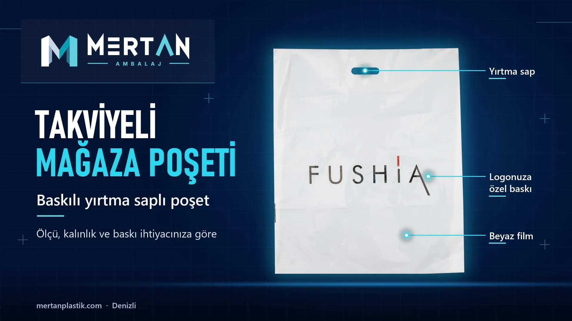 FUSHIA için üretilen logolu beyaz mağaza poşeti, Mertan Ambalaj