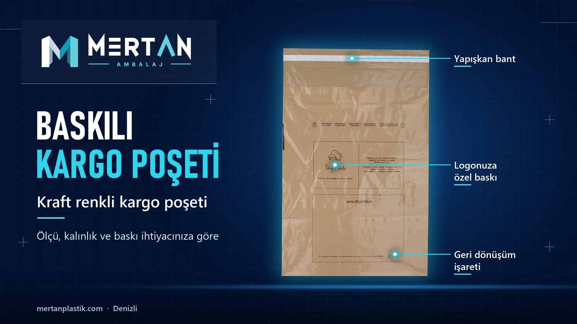 Tiny Lamb için üretilen kraft renkli, baskılı kargo poşeti, Mertan Ambalaj