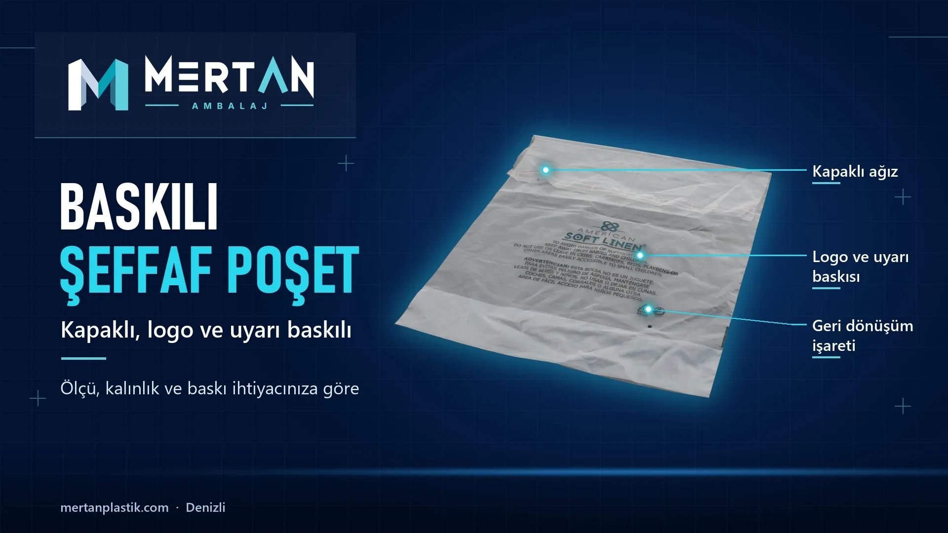 American Soft Linen için üretilen logo ve uyarı baskılı şeffaf poşet, Mertan Ambalaj