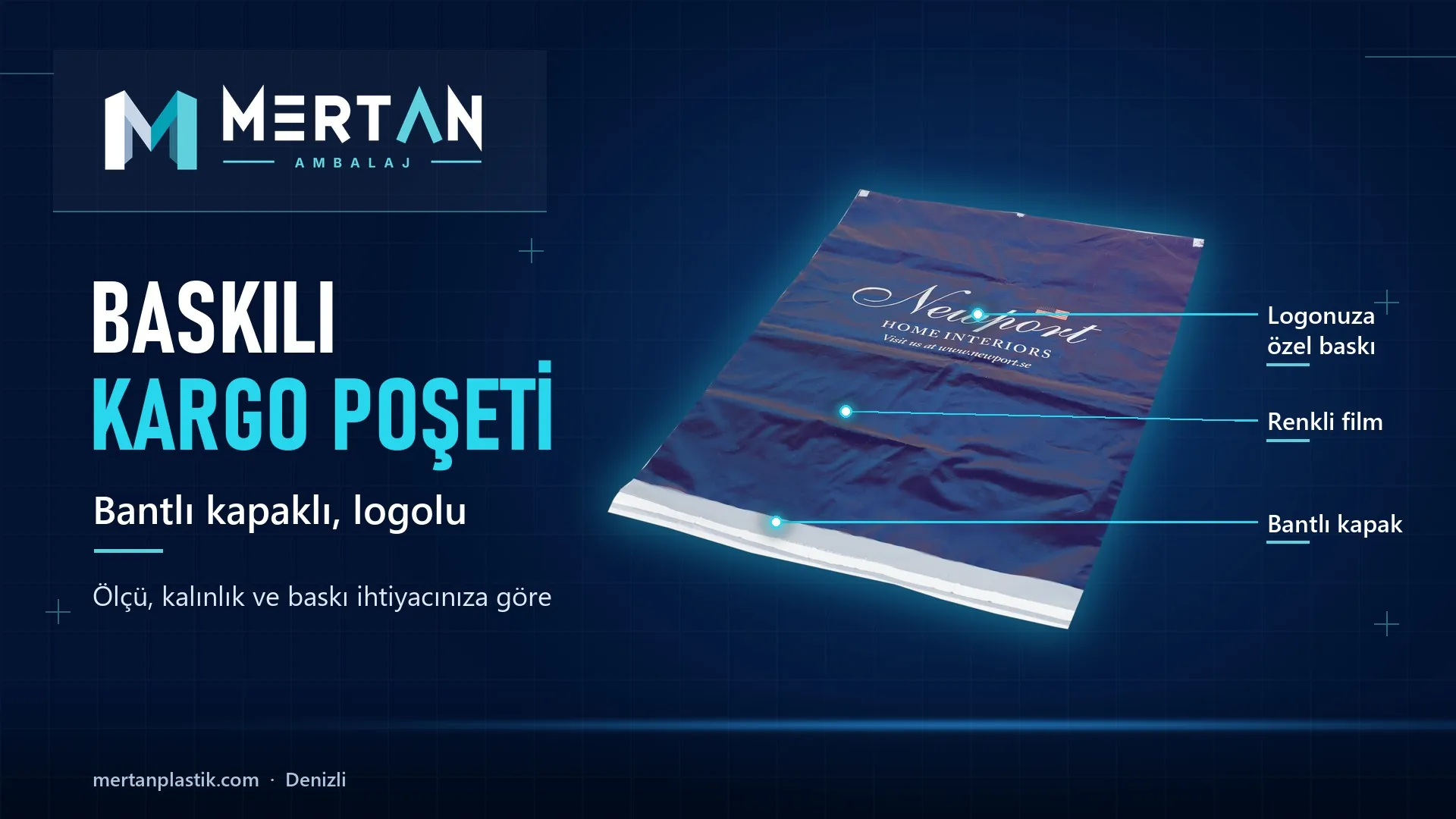 Newport Home Interiors için üretilen lacivert, logolu kargo poşeti, Mertan Ambalaj