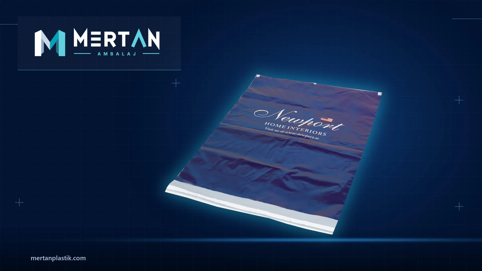 Navy logo-printed mailer bag made for Newport Home Interiors by Mertan Ambalaj