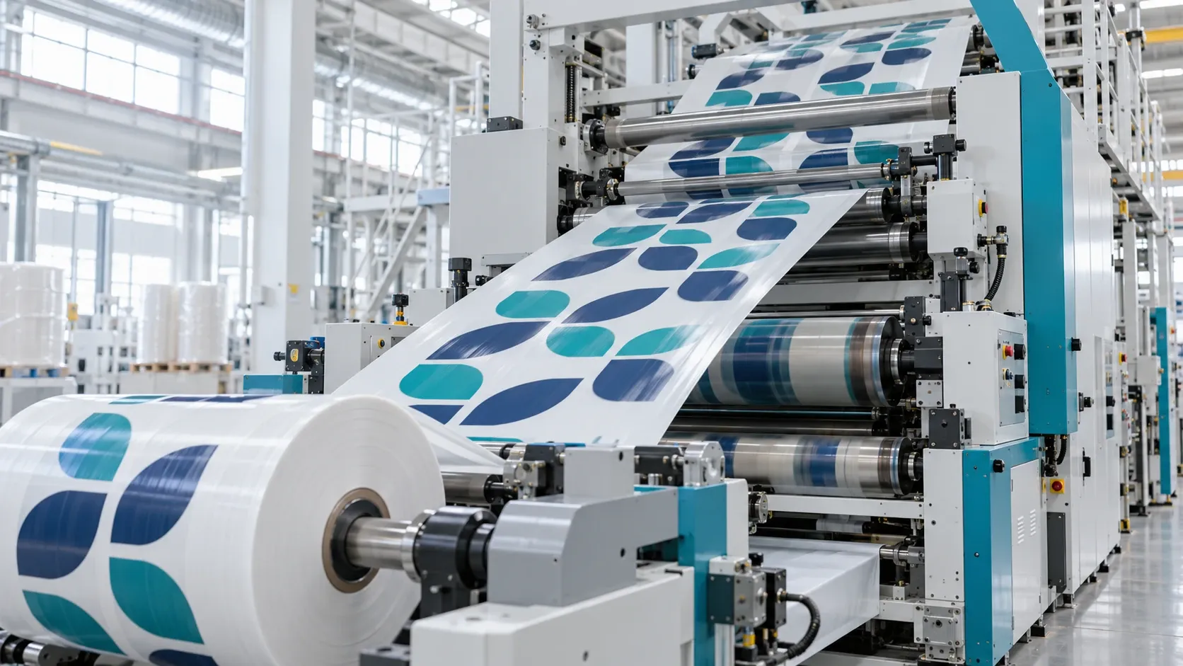 A flexographic press printing on white film