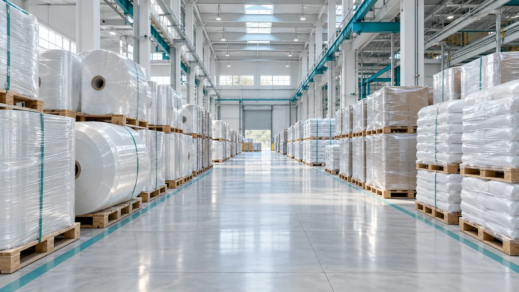 A finished goods warehouse with film rolls wrapped in stretch film