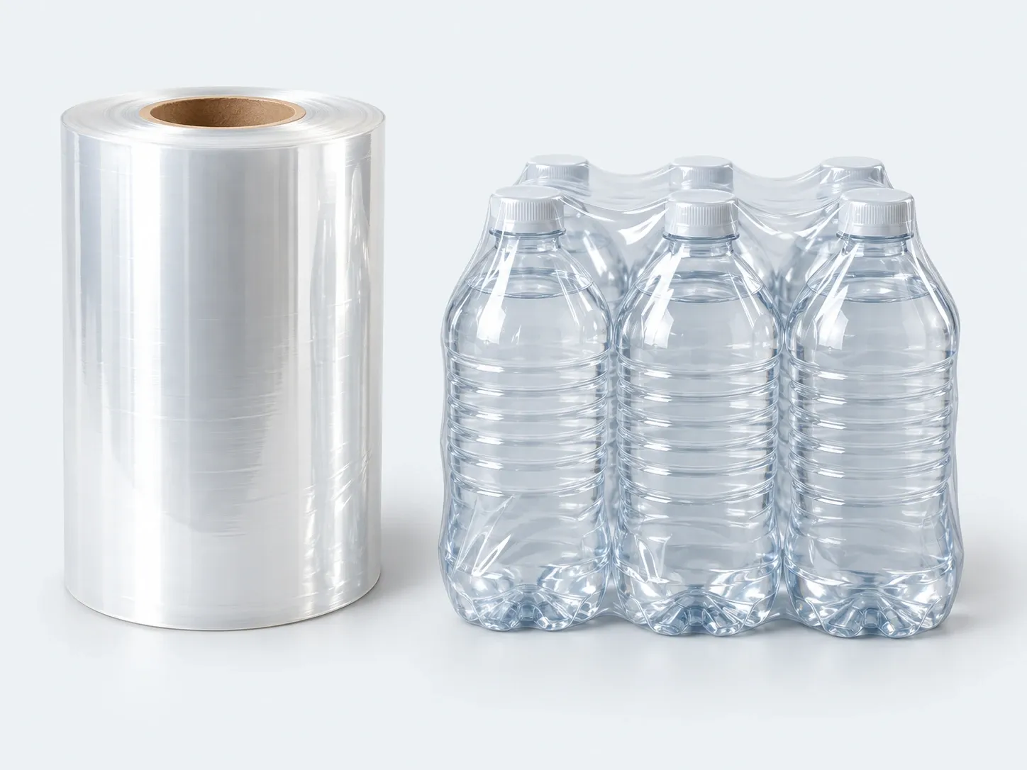 Şeffaf shrink film rulosu ve shrink filmle sarılmış altılı su şişesi paketi