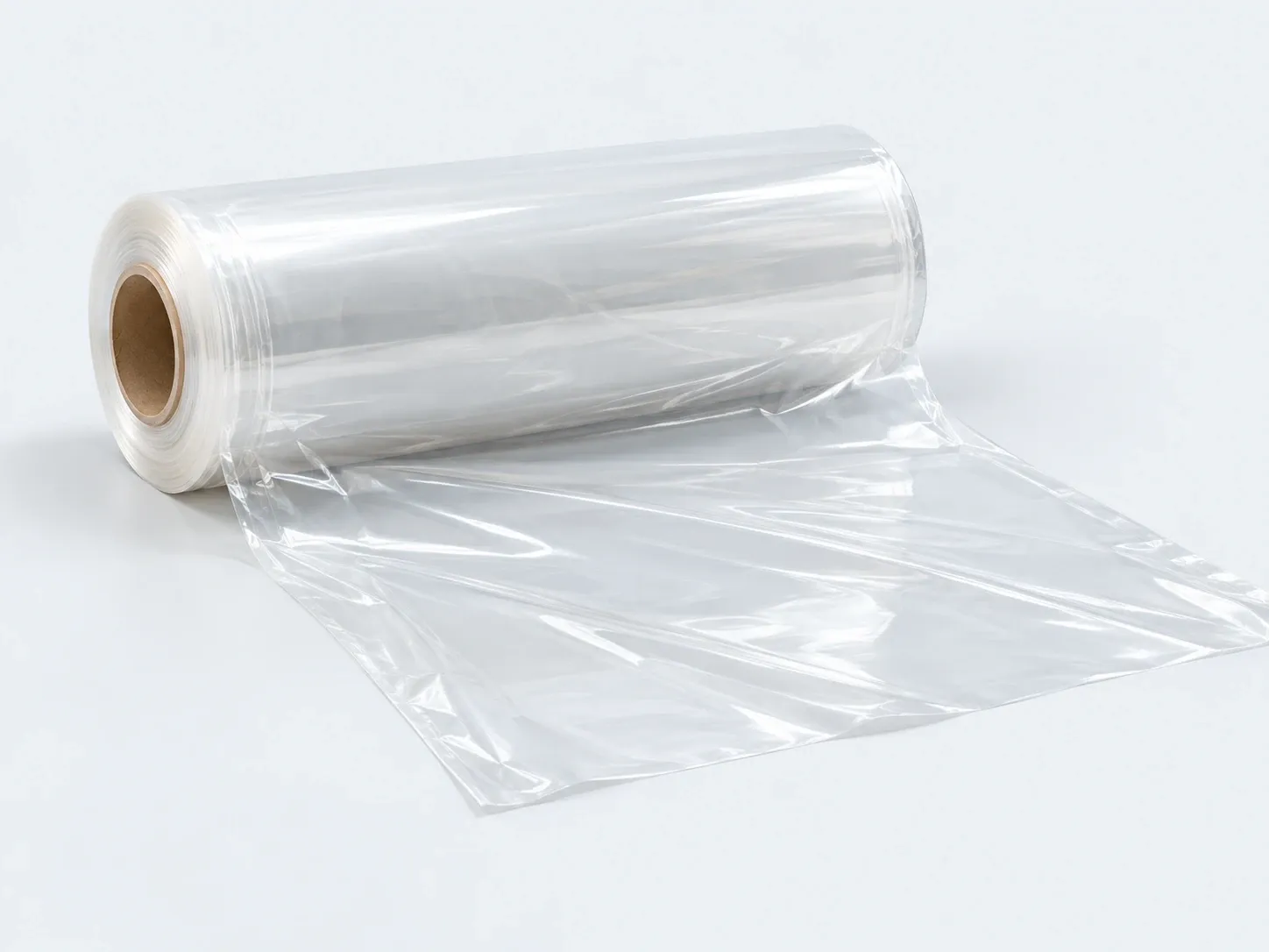 Ucu düz bir yüzeye açılmış geniş şeffaf yaprak shrink film rulosu