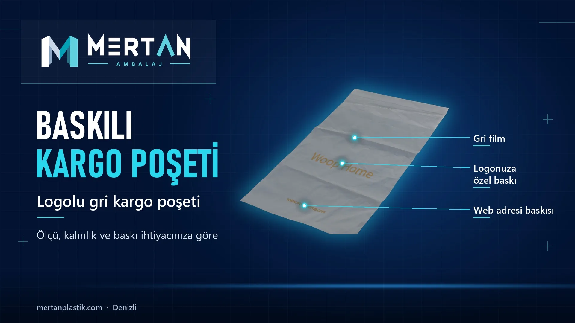 Woop Home için üretilen logolu gri kargo poşeti, Mertan Ambalaj